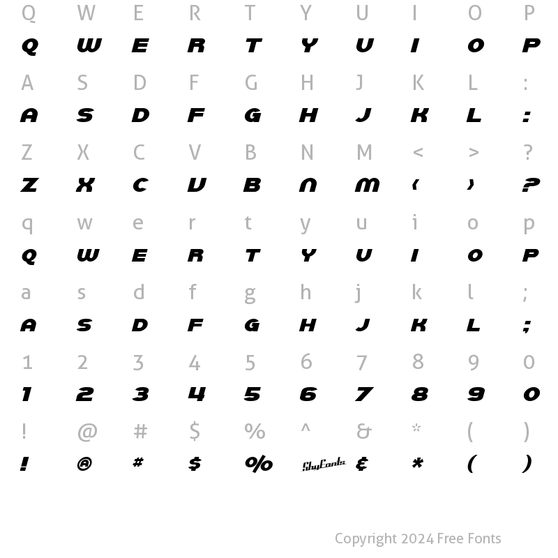 Character Map of SF Juggernaut Italic