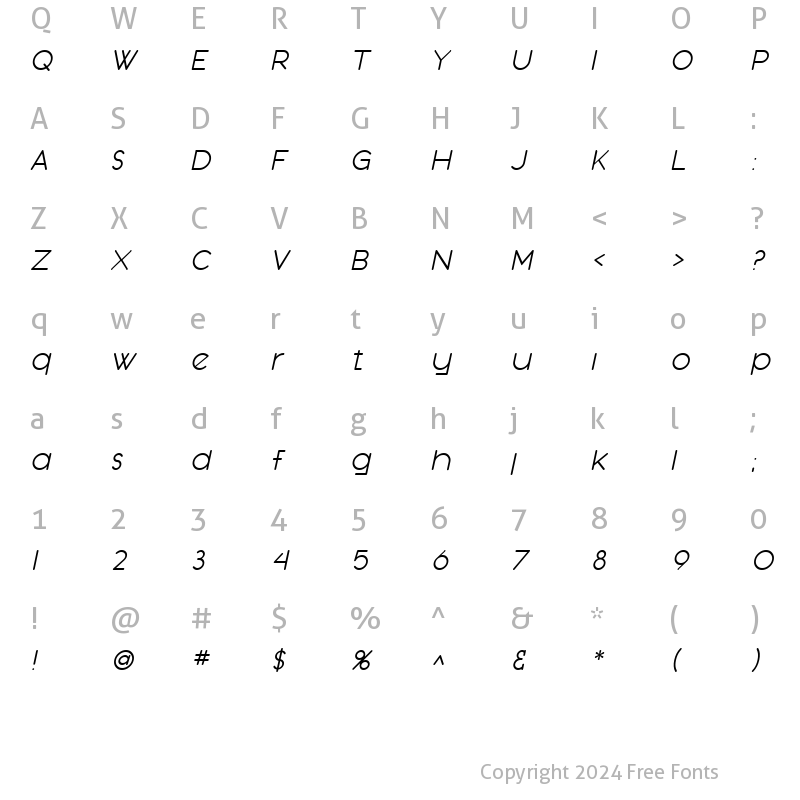 Character Map of SF Orson Casual Light Oblique