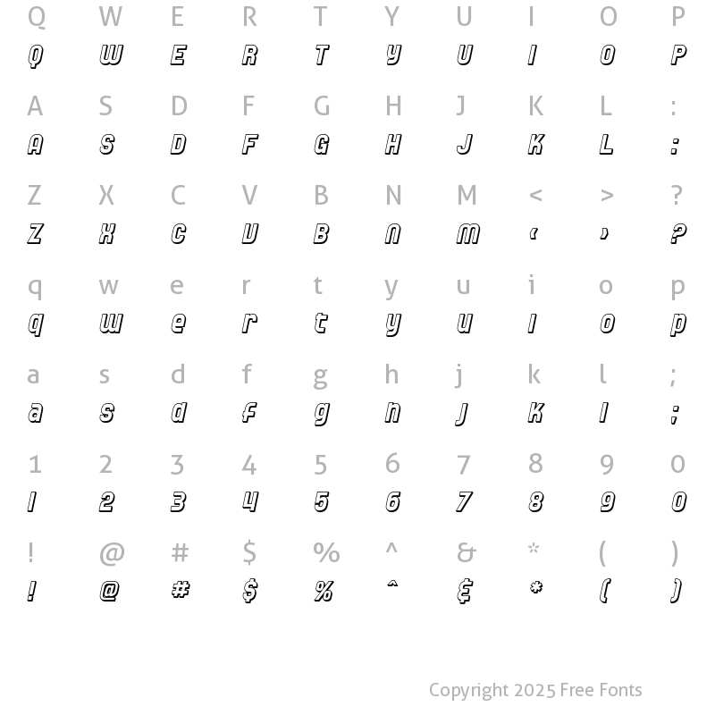 Character Map of SF Speedwaystar Shaded Oblique