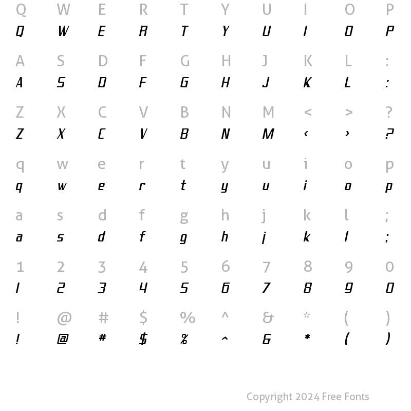 Character Map of SF Theramin Gothic Condensed Oblique