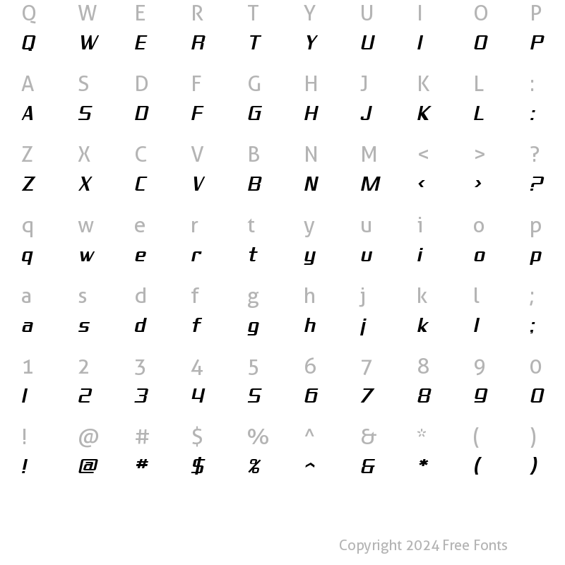 Character Map of SF Theramin Gothic Oblique