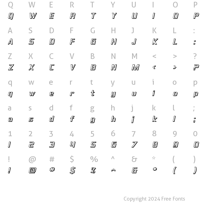 Character Map of SF Theramin Gothic Shaded Oblique