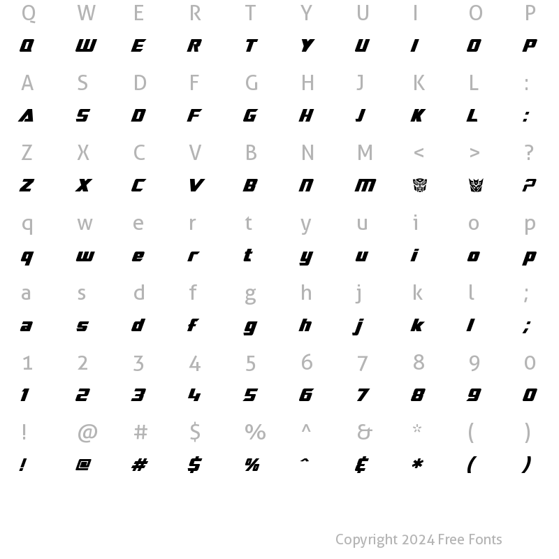 Character Map of SF TransRobotics Bold Italic