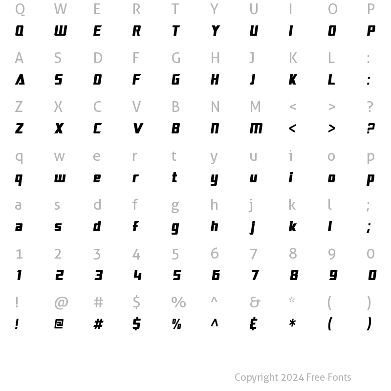 Character Map of SF TransRobotics Condensed Oblique