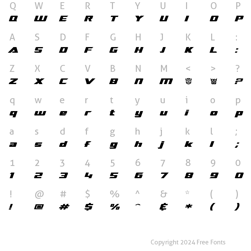 Character Map of SF TransRobotics Extended Bold Italic