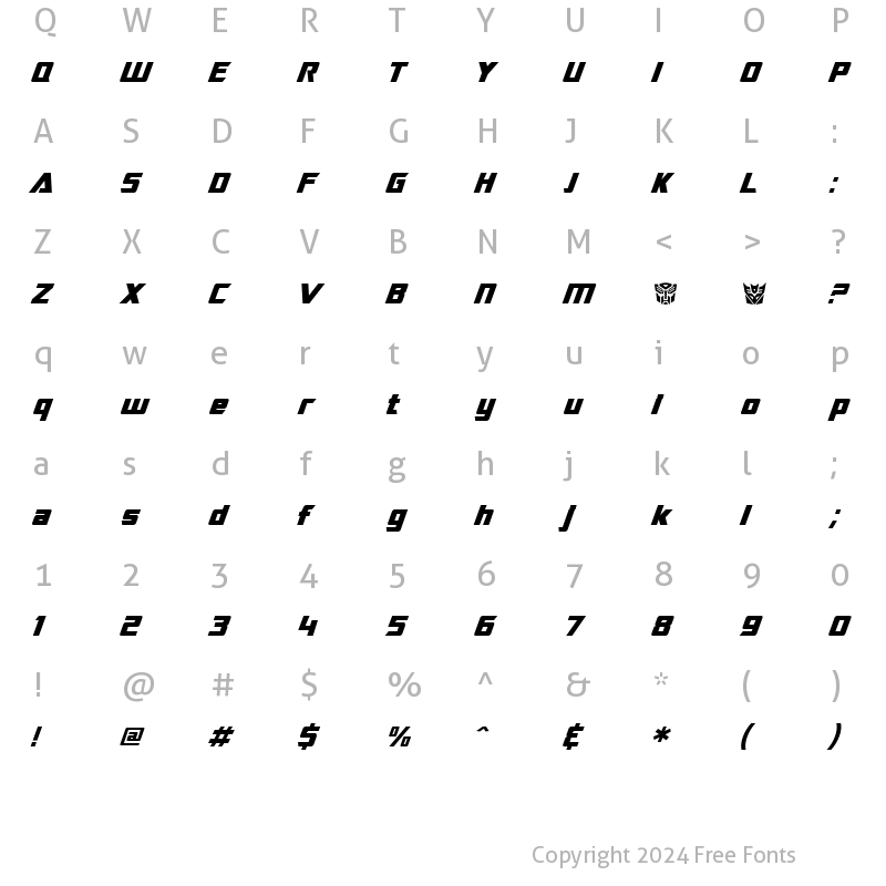 Character Map of SF TransRobotics Italic