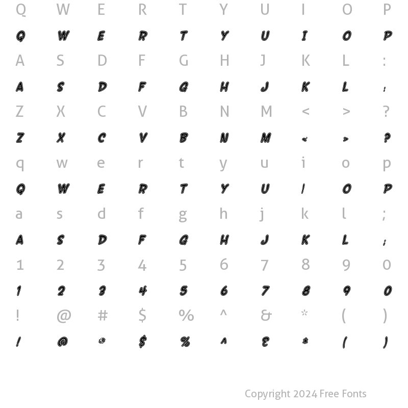 Character Map of SF Wonder Comic Inline Italic