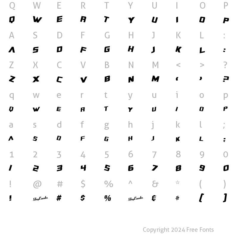 Character Map of SF Zero Gravity Condensed Italic