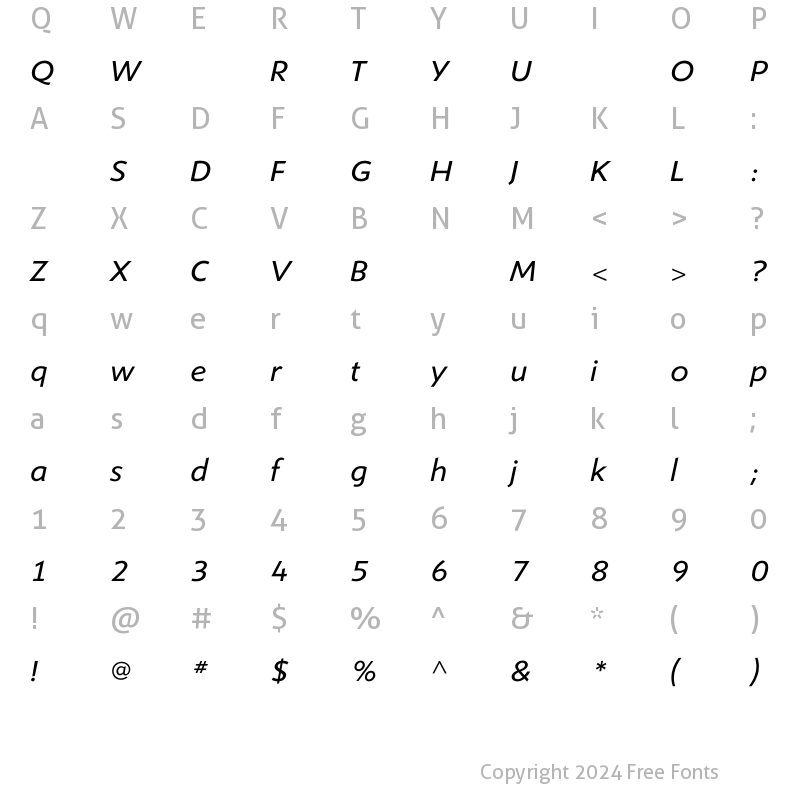 Character Map of ShinnBookItalic Regular