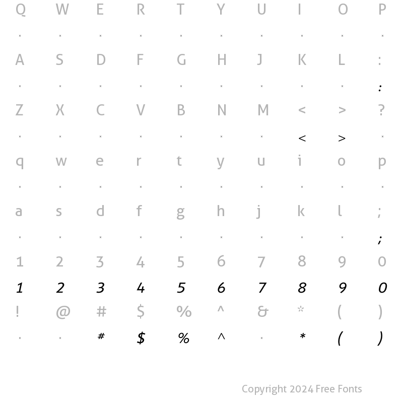 Character Map of ShinnBookItalicTab Regular