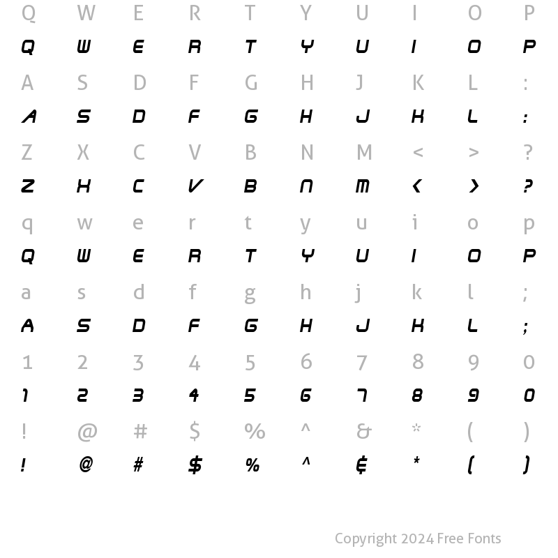 Character Map of Shuttle-Condensed Italic