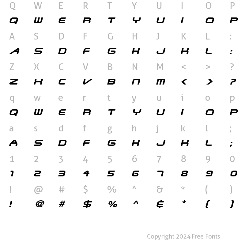 Character Map of Shuttle-Extended Italic