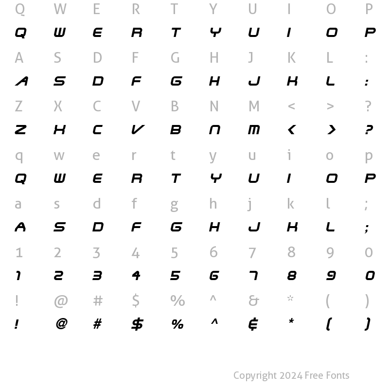 Character Map of Shuttle Italic