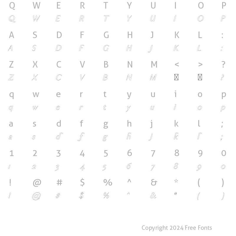 Character Map of Skylar Sans BoldItalic Outline