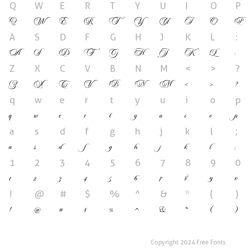 Character Map of Sloop Script Two LessSlant Regular