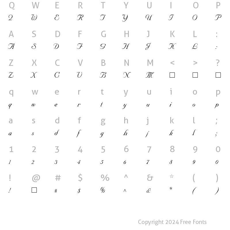 Character Map of SNC Script Italic