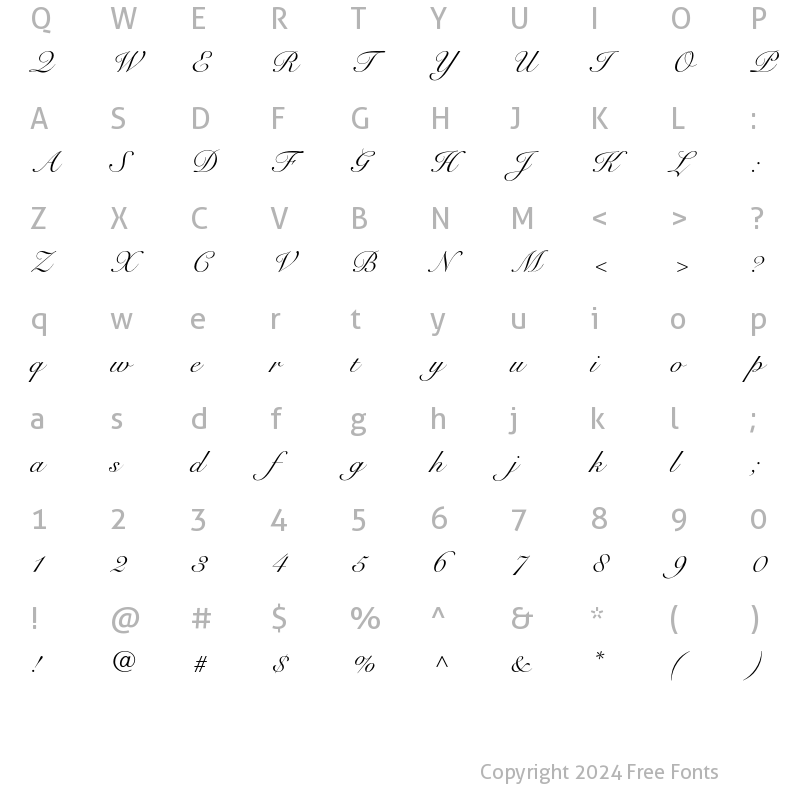 Character Map of Snell Roundhand LT Std Script