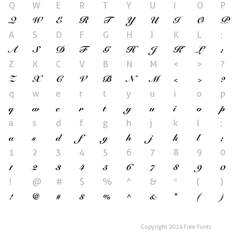 Character Map of SnellRoundhand Script Bold Italic