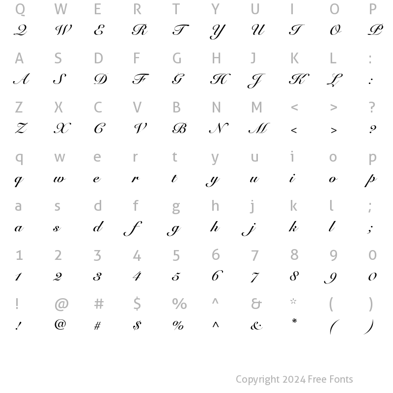 Character Map of SnellRoundhandScript BoldItalic