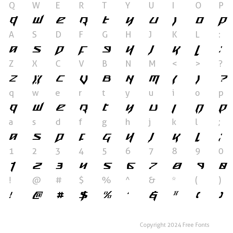 Character Map of Snubfighter Condensed Italic Condensed Italic