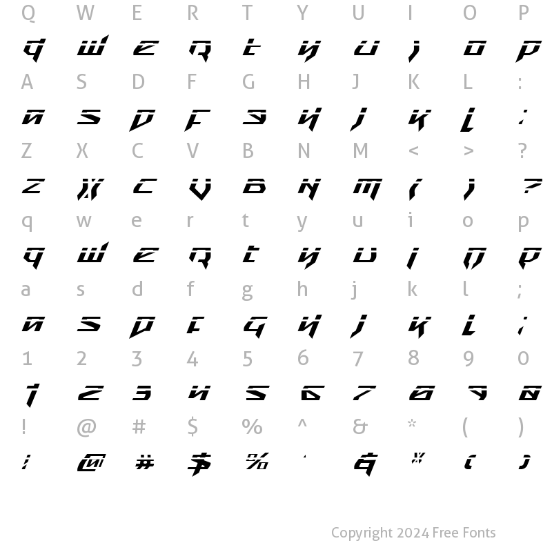 Character Map of Snubfighter Phaser Italic Italic