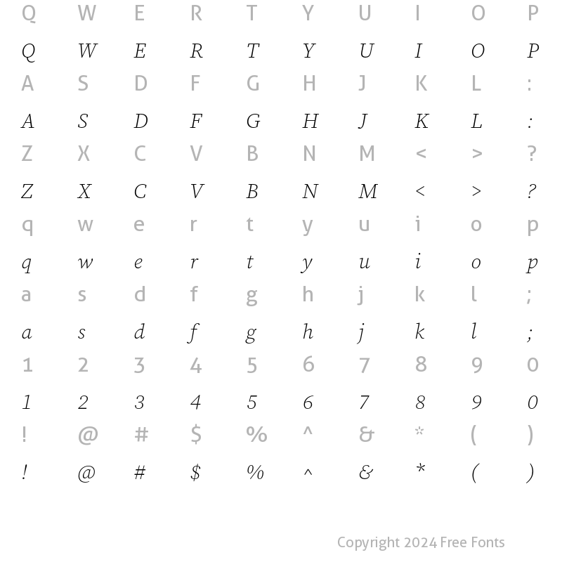Character Map of Source Serif Pro Light Italic