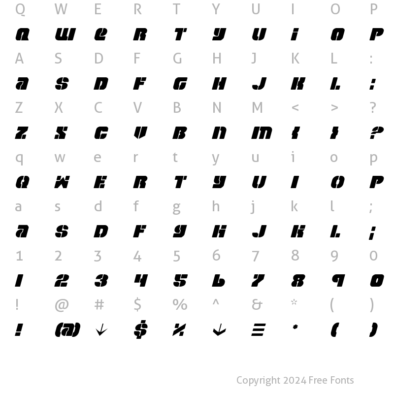 Character Map of Space Cruiser Italic