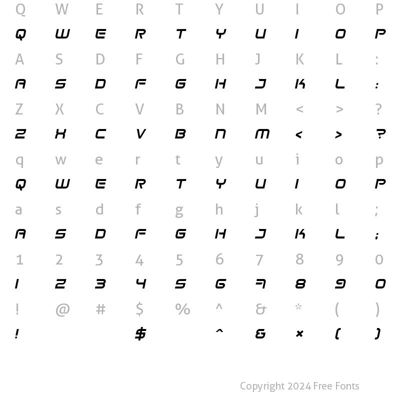 Character Map of Space Frigate Italic