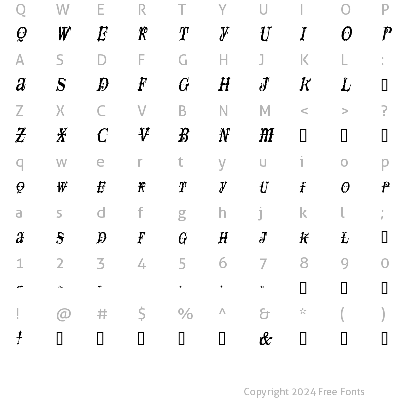 Character Map of SpaceIveyCondensed Italic