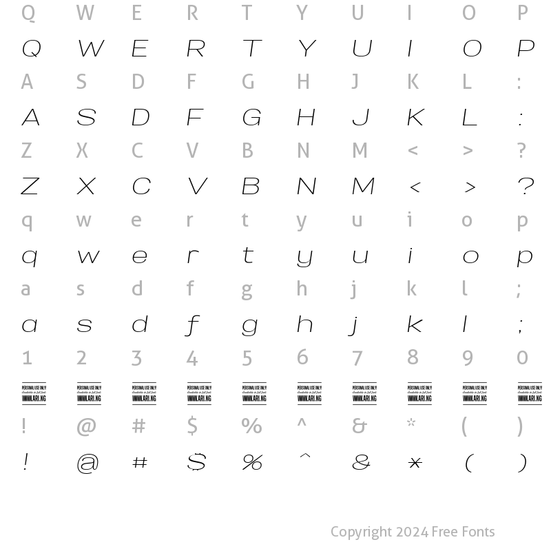 Character Map of Specify PERSONAL Expanded Light Italic