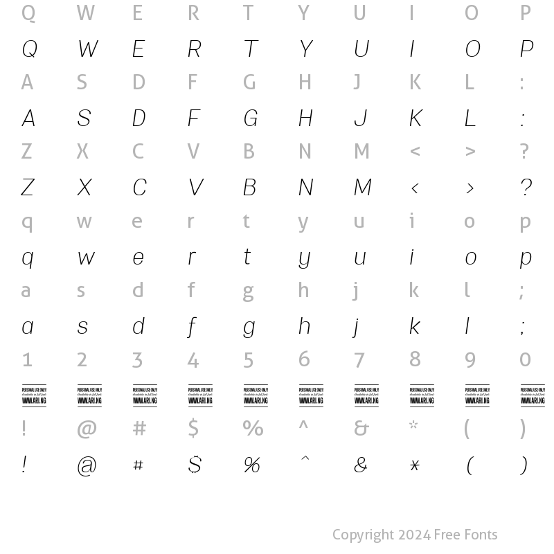 Character Map of Specify PERSONAL Normal Light Italic