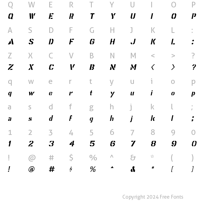 Character Map of Stencil Gothic Italic JL Regular