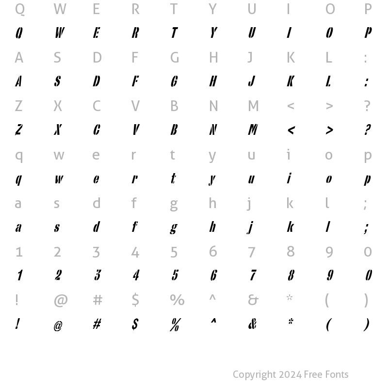 Character Map of StencilSans Condensed Italic