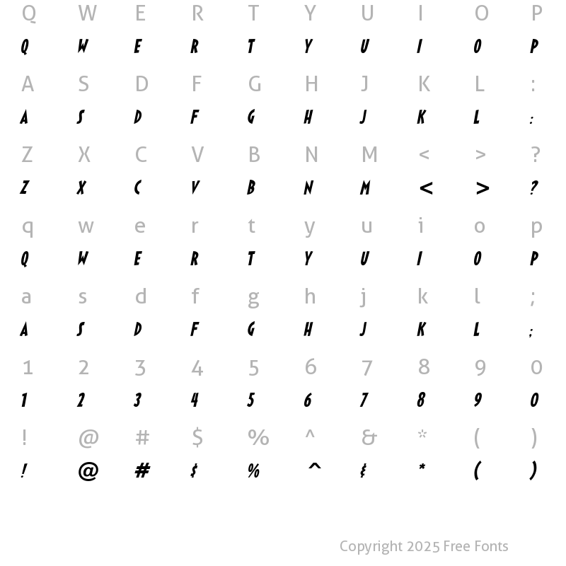 Character Map of Sticky Moula BTN Oblique