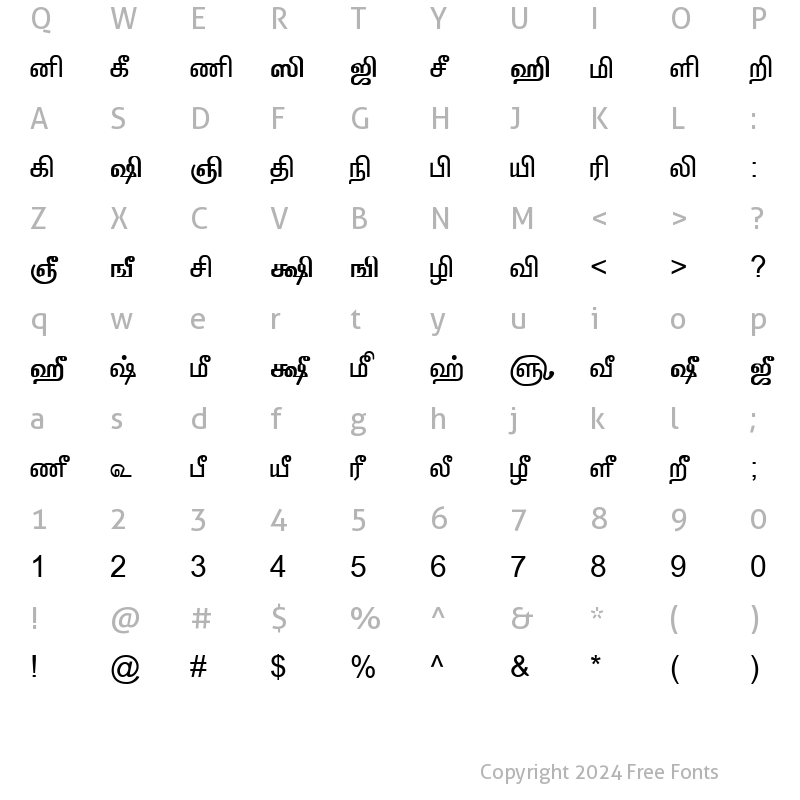 Character Map of TAM-Tamil012 Normal