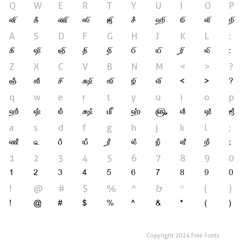 Character Map of TAM-Tamil104 Normal