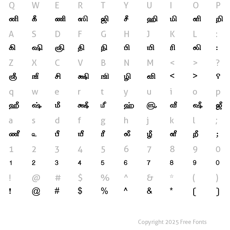 Character Map of TAM-Tamil108 Normal