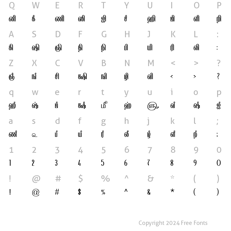 Character Map of TAM-Tamil111 Normal