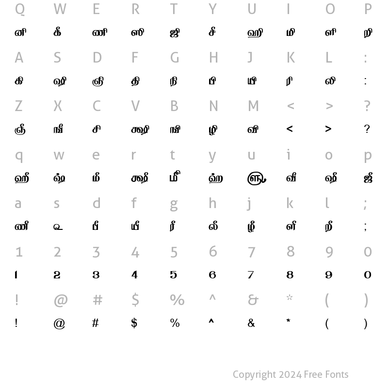 Character Map of TAM-Tamil161 Normal