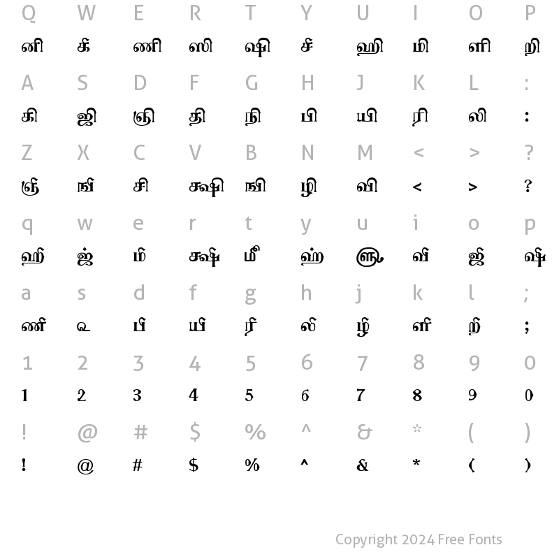 Character Map of TAM-Tamil169 Normal