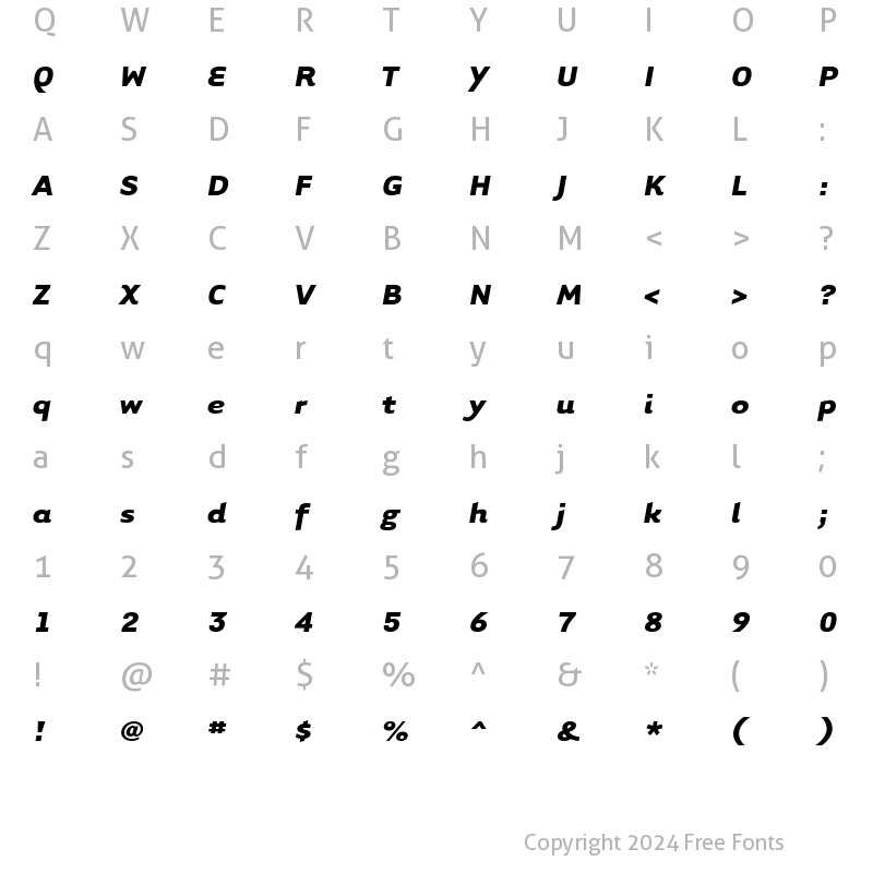 Character Map of TarzanaWideBoldItalic Regular