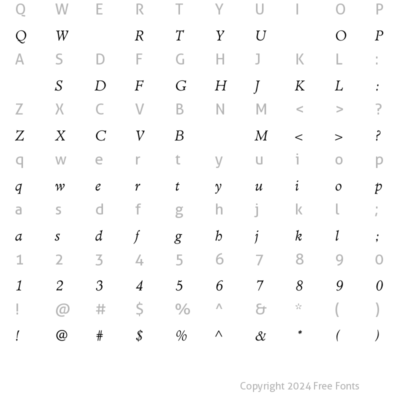 Character Map of TCAdministerBookItalic Regular