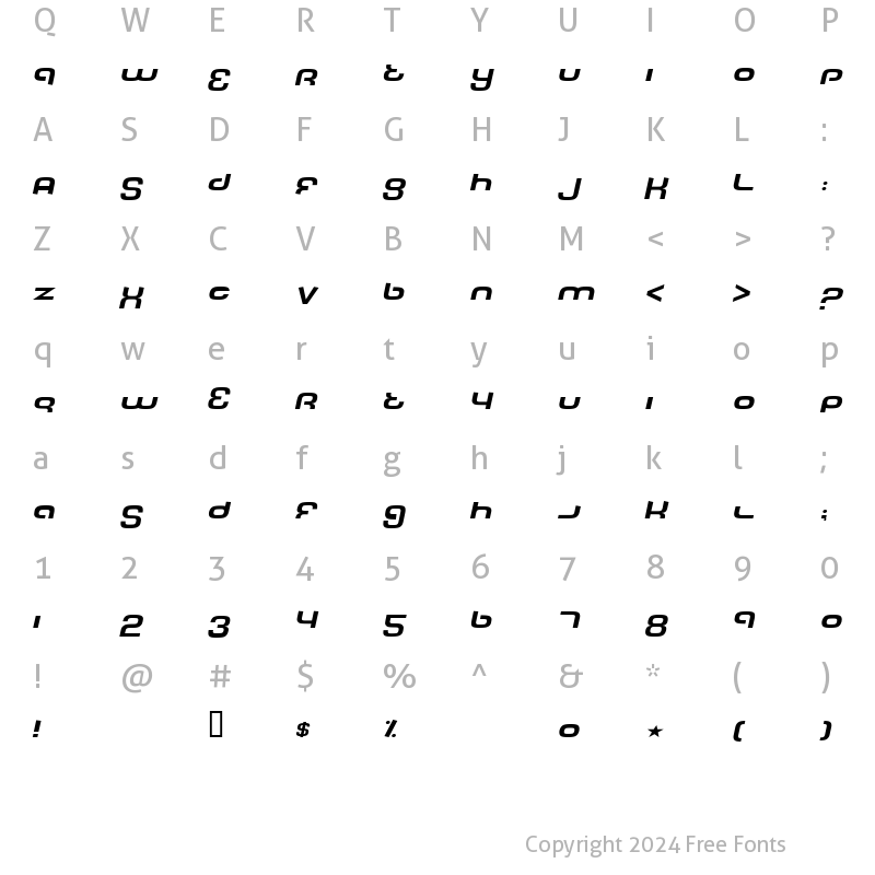 Character Map of Tech Font Wide Italic