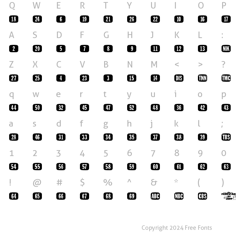 Character Map of Tee Vee Set JL Regular