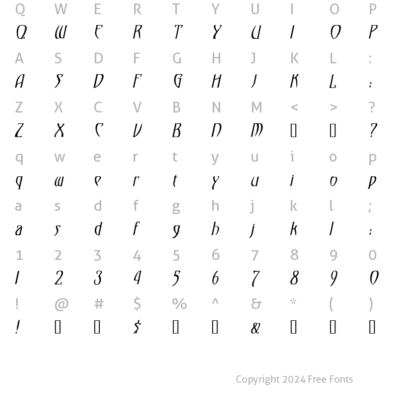 Character Map of TemplarCondensed Italic