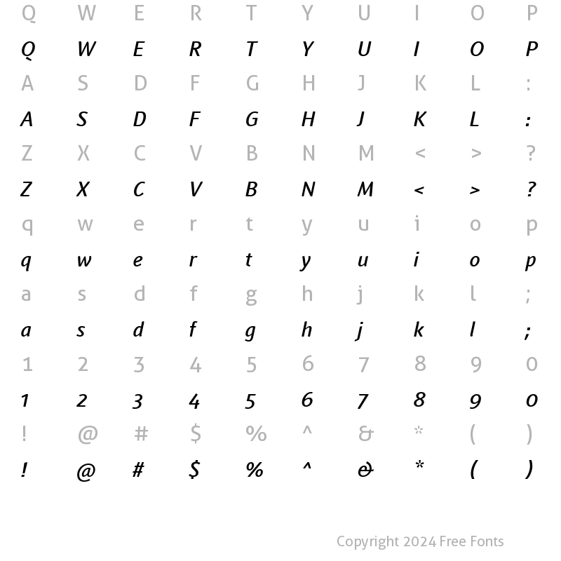 Character Map of Textra LT Light Bold Italic