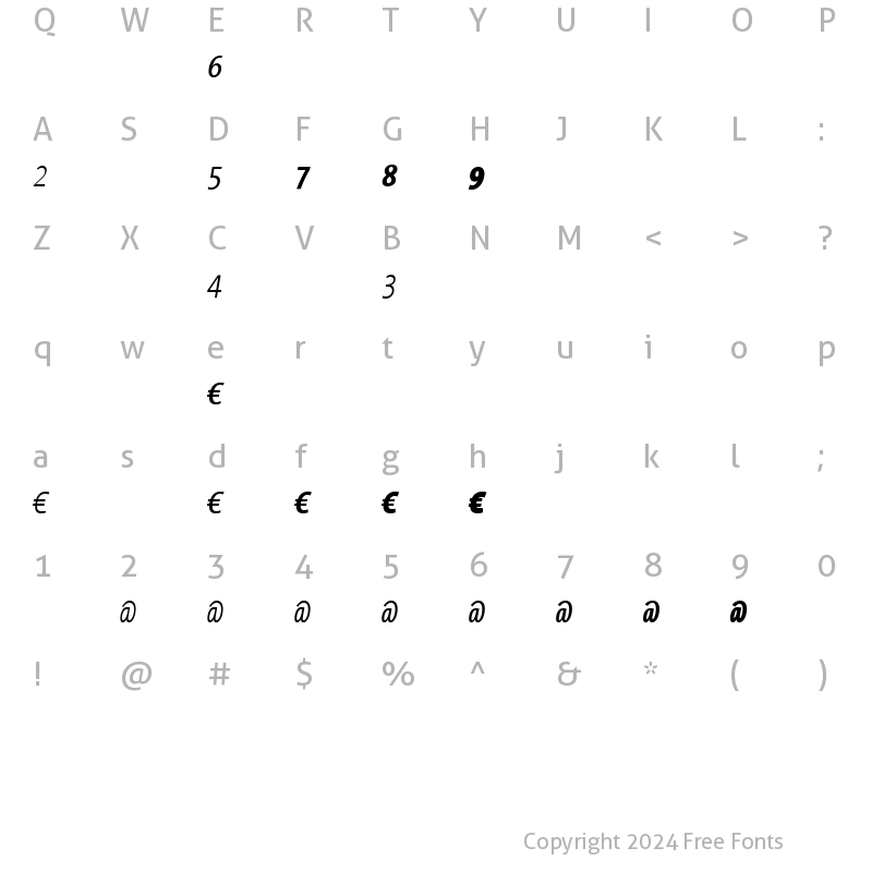 Character Map of The Sans Mono Con Euro- Italic