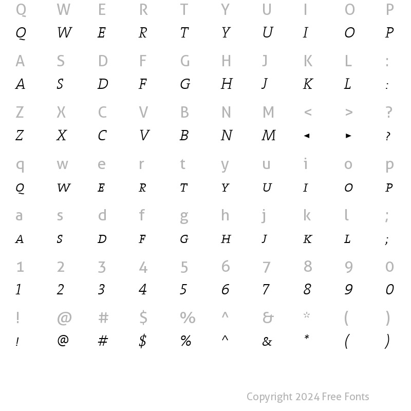 Character Map of The Serif Light- Bold Italic