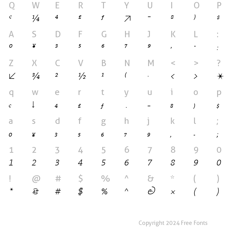 Character Map of The Serif Light- Italic