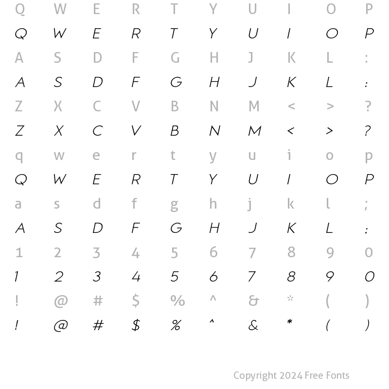 Character Map of Thermidava Light Italic